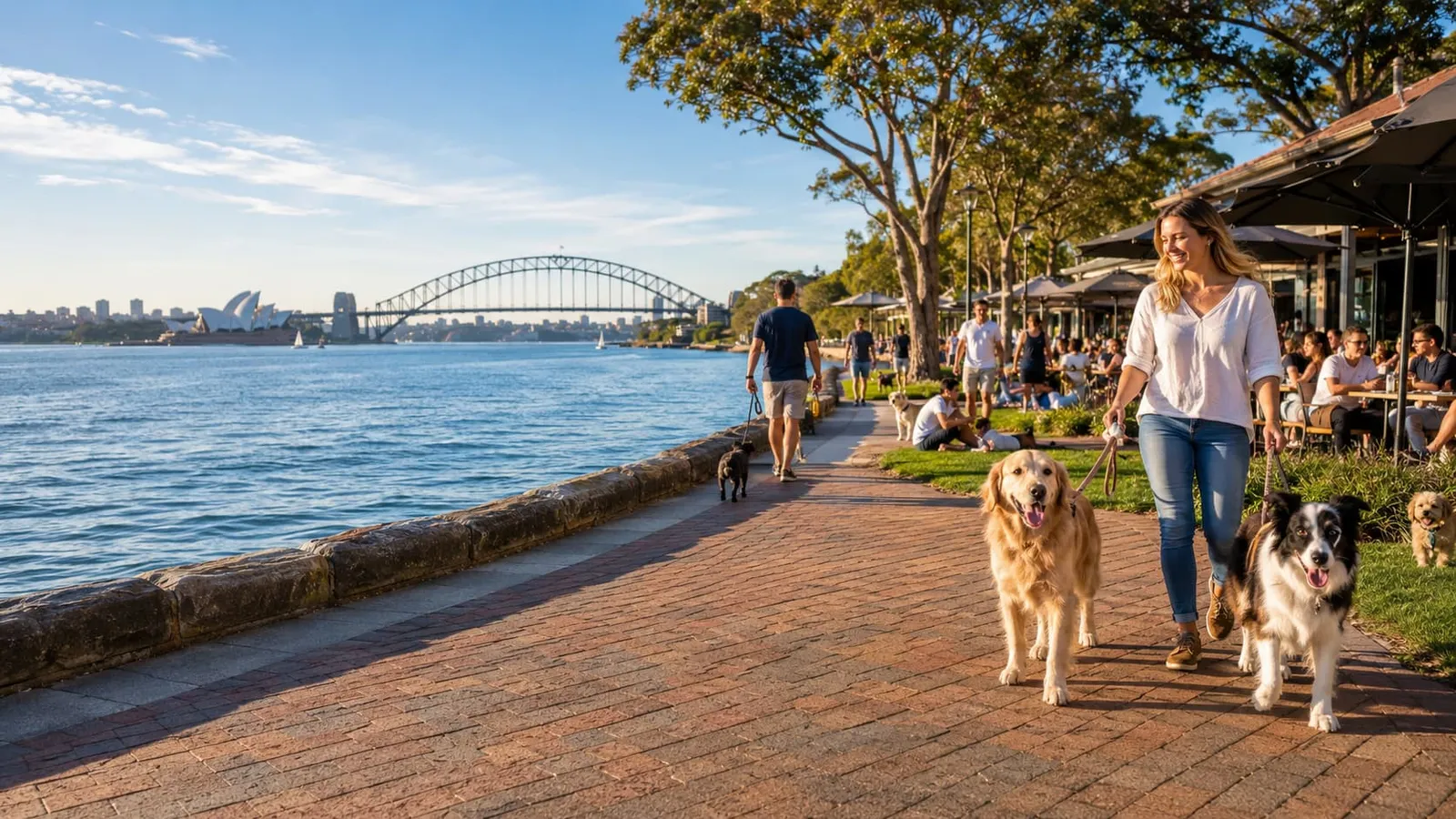 People walking dogs along a Sydney harbour foreshore path