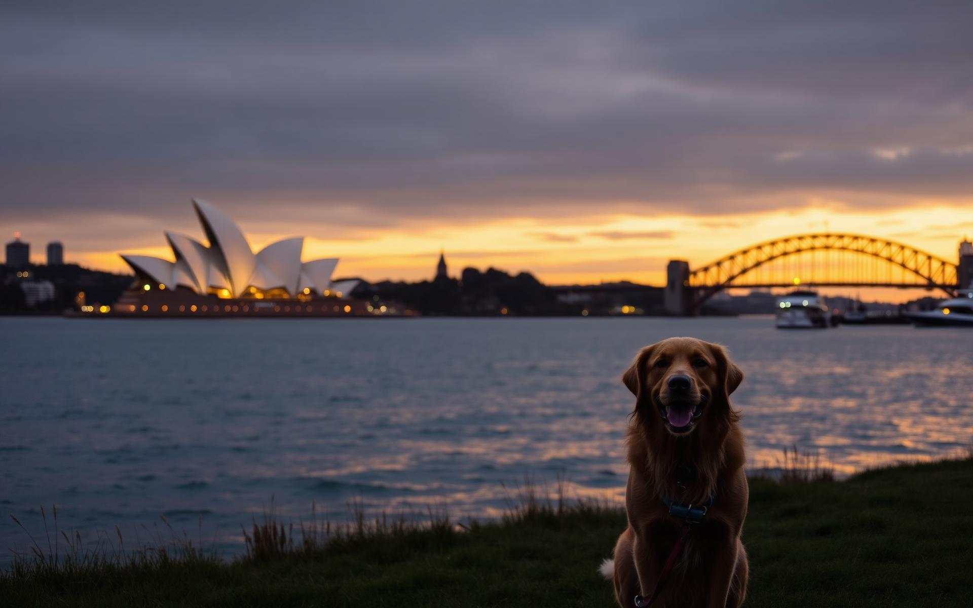 Sydney Harbour at sunset with a happy dog on the foreshore